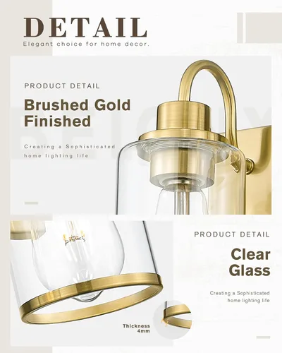 Vista 2 de Beionxii BX-VL01BG-3CG - Lámpara de tocador de baño, 3 lámparas doradas claras con pantalla de cristal transparente, accesorios de iluminación