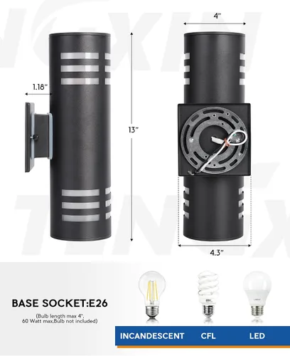 Vista 7 de TENGXIN Aplique de pared para exteriores, luz de porche arriba/abajo, acero inoxidable 304 y vidrio templado, acabado negro, E27, certificación UL