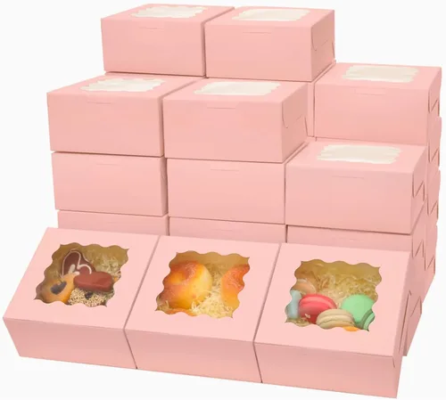 Vista 14 de Bakepacker 60 cajas de papel kraft para panadería con ventana de 6 x 6 x 3 pulgadas de grosor y resistentes cajas de pastelería de macarrones