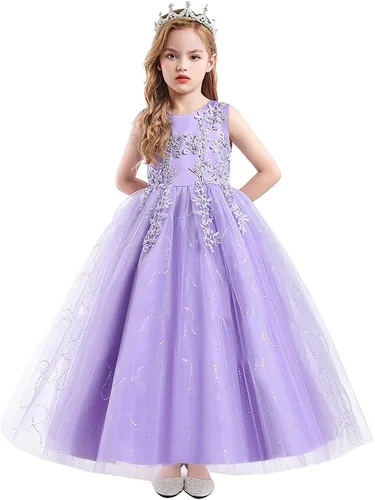 Vista 3 de MYRISAM Vestido largo de tul con encaje bordado para niñas de flores, para comunión, para comunión, cumpleaños, princesa, concurso de belleza