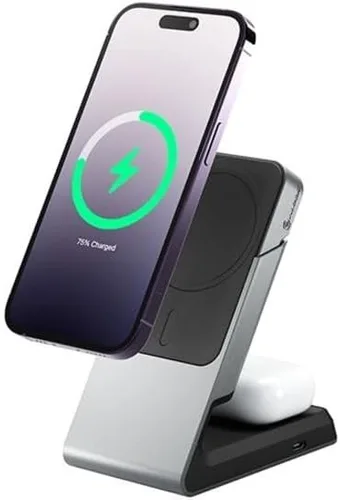 Vista 2 de ALOGIC Matrix - Base de carga magnética universal 2 en 1 para iPhone 15 Pro Max, 15 Pro, 15 Plus, 15, 14, 13, 12, Airpods Pro, estación de carga