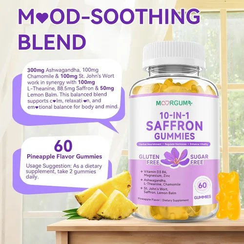 Vista 7 de Gomitas de Azafrán para Adultos y Niños, Suplemento Regulador de Cortisol 10-EN-1 con Azafrán 88.5mg, Vitamina D3, B6, Magnesio, Zinc, Ashwagandha