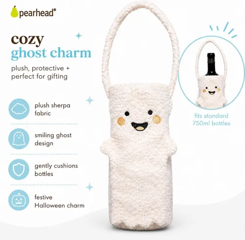 Vista 6 de Pearhead Soporte para botella de vino fantasma de Halloween, bolsa de regalo reutilizable de sherpa de felpa con cara sonriente y asa - Lindo regalo