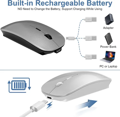 Vista 6 de Mouse para portátil inalámbrico Bluetooth - MacBook Air Mac Pro PC iPad óptico recargable silencioso ratón con interruptor de modo dual Jiggler