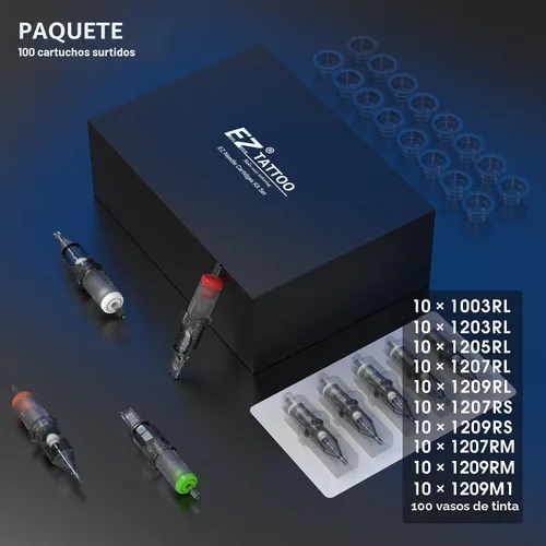 Vista 2 de EZ 100 agujas de cartucho de tatuaje Revolution surtidas 3RL 5RL 7RL 5RS 7RS 7M1 9M1 11M1 9CM 15CM con 2 agarres de aluminio agujas de tatuaje