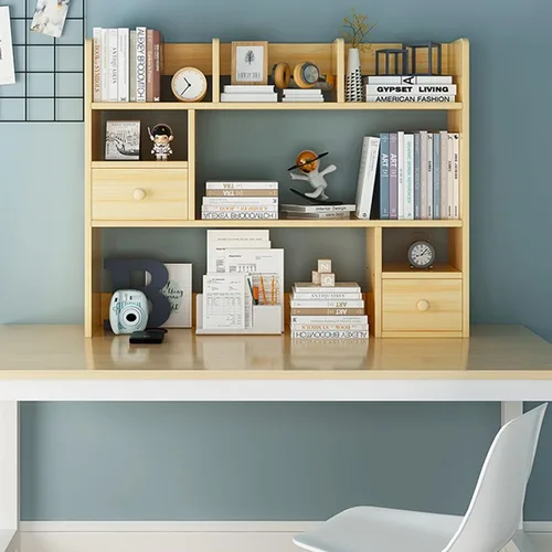 Vista 4 de Organizador de escritorio – Estante de almacenamiento de oficina, estantería de escritorio, estantería de encimera con 2 cajones, organizador