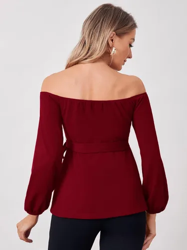 Vista 2 de Floerns Blusa de maternidad de manga larga con cinturón y hombros descubiertos para mujer