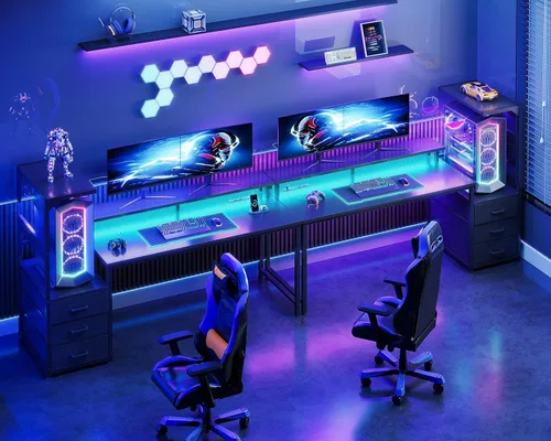 Vista 8 de Casaottima - Escritorio de juegos de 59 pulgadas con puertos de carga USB y luz LED - Escritorio reversible para computadora con 3 cajones de tela