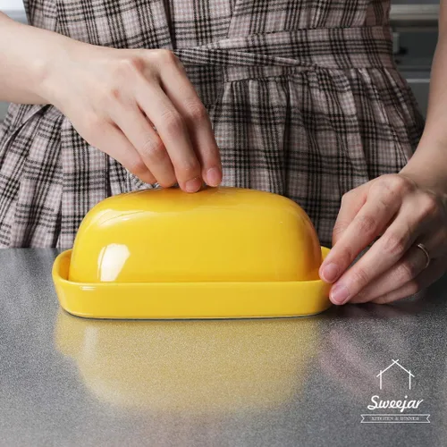 Vista 7 de Sweejar Mantequillera de cerámica con tapa para encimera, recipiente para mantequilla de porcelana con mango de perilla, recipiente para mantequilla