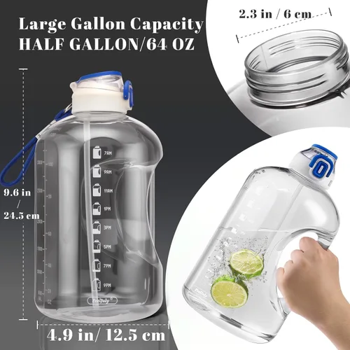 Vista 3 de Botella de agua de 64 onzas con popote, botella de medio galón con tiempos para beber, jarra de agua reutilizable a prueba de fugas con asa