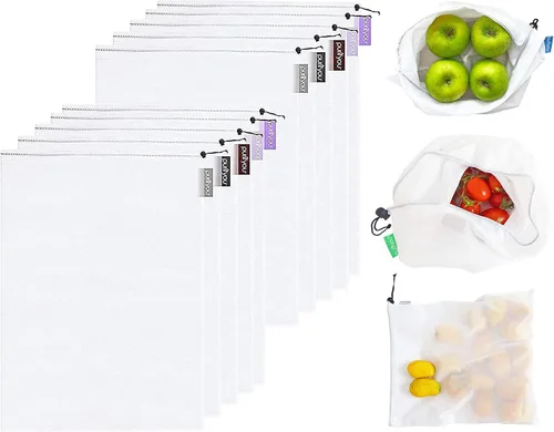 Vista 11 de purifyou Juego de 9 bolsas reutilizables de algodón orgánico – Malla de doble costura resistente, sin blanquear, cierre de cordón – 2 XL (12 x 20)