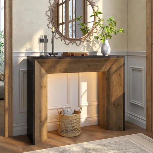Vista 3 de Mesa consola de granja con luz LED, mesa de entrada rústica de 41 pulgadas con almacenamiento para entrada, pasillo, mesa de sofá industrial detrás