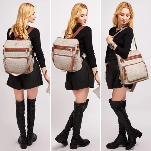 Vista 2 de MKP COLLECTION Mochila de moda para mujer, bolsa convertible grande para mujer, mochila de viaje, bolsa de hombro, juego de 2 piezas con borla, Beige