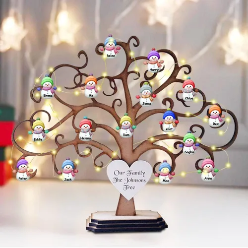 Vista 5 de Árbol genealógico de madera personalizado de muñeco de nieve de Navidad, letrero de árbol de la vida de madera personalizado, letrero de mesa