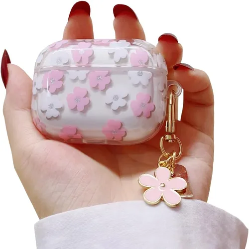 Vista 10 de Funda protectora para AirPods Pro de 1ª generación con llavero, bonita funda protectora para auriculares con flores negras y flores, TPU suave