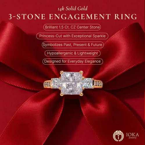 Vista 6 de Ioka - Anillo de compromiso de circonita cúbica de talla princesa de 3 piedras de oro macizo de 14 quilates de 1,5 quilates para mujer Anillo