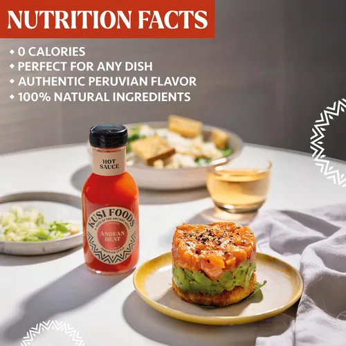 Vista 4 de Kusi Foods ANDEAN HEAT Salsa picante peruana, hecha con chile limusina, pimientos rojos, vinagre y sal, cítricos, picante y ligeramente dulce
