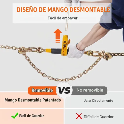 Vista 6 de VEVOR Carpeta de cadena de trinquete, carpetas de carga resistentes de 5/16"-3/8", con ganchos G80 límite de carga seguro de 7,100 libras, mango