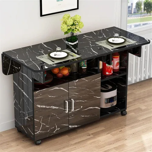 Vista 8 de Mesa de comedor plegable, mesa rectangular versátil con 4 ruedas, 5 estantes de almacenamiento, ahorro de espacio para comedor, cocina, ocio, mesa