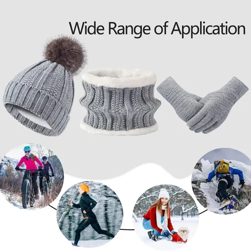 Vista 7 de Conjunto de guantes de invierno para mujer, gorro de forro polar, bufanda para pantalla táctil, guante 3 en 1
