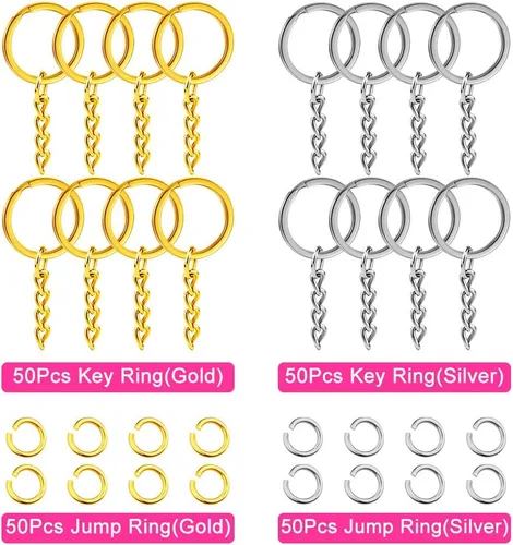 Vista 2 de Kit de 200 anillos de llavero planos, 100 llaveros planos plateados y dorados con cadena, y 100 anillos abiertos plateados y dorados, llaveros a