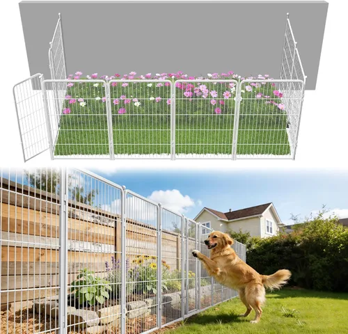 Vista 65 de FXW Valla de jardín al aire libre para el patio, 17 pulgadas de alto x 29.3 pies de largo, barrera de metal resistente para animales, para perros
