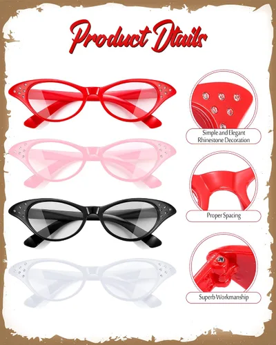 Vista 2 de JOVITEC 4 gafas de ojo de gato con diamantes de imitación de los años 50 y 60 para disfraz de fiesta de hip hop, Halloween, recuerdo de fiesta
