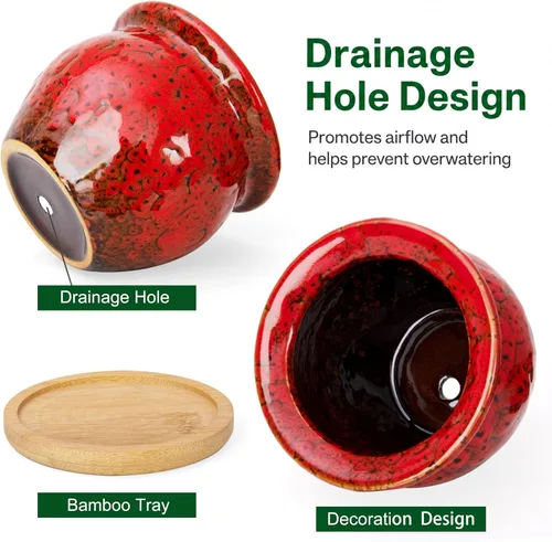 Vista 3 de ARTKETTY Macetas de 4.5 pulgadas con drenaje, pequeñas macetas de cerámica para plantas de interior Rojo