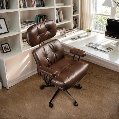 Vista 13 de Silla de oficina Mid Century Modren, silla ejecutiva giratoria con soporte lumbar, silla de escritorio ergonómica de respaldo medio con ruedas Beige