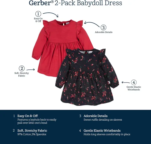 Vista 6 de Gerber Paquete de 2 vestidos de manga larga para bebé niña