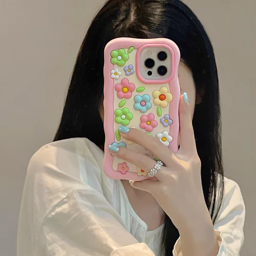 Vista 6 de Funda de silicona suave con diseño de flores coloridas de personajes de moda kawaii 3D para iPhone 12/iPhone 12 Pro de 6.1 pulgadas