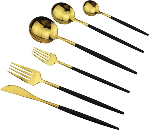 Vista 14 de Juego de cubiertos de 10 piezas – Utensilios de acero inoxidable 304 negro, tenedores, cucharas, cuchillos – Cubertería pulido espejo para 2