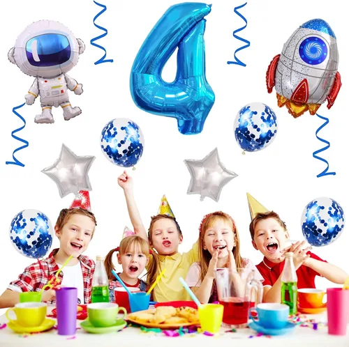 Vista 5 de Globos de cumpleaños de cohete de astronauta, globo de fiesta de espacio exterior, globos gigantes de papel de aluminio de 32 pulgadas, globo azul