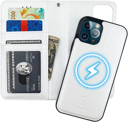 Vista 15 de Bocasal Funda tipo cartera compatible con iPhone 12 e iPhone 12 Pro con soporte para tarjetas de cuero PU magnética desmontable con soporte plegable