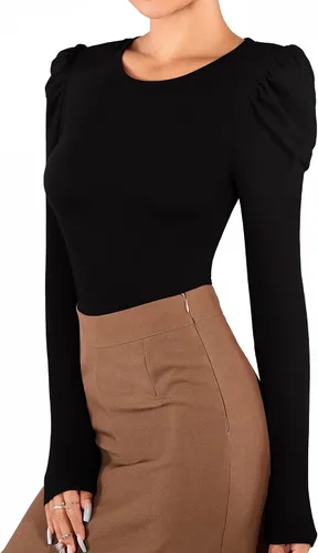 Vista 3 de MANGOPOP Camiseta elegante de manga larga con cuello redondo para mujer