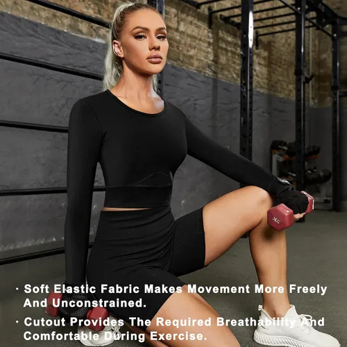 Vista 5 de TrainingGirl Camisetas cortas de entrenamiento para mujer, manga larga, espalda abierta, camisetas de yoga, ajustadas, para gimnasio, atléticas
