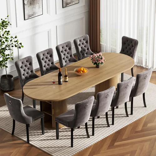 Vista 22 de Mesa de comedor extensible de madera de 63 a 94 pulgadas para 6-8-10 personas, mesa de cocina ovalada expandible con base de gabinete acanalada Mesa