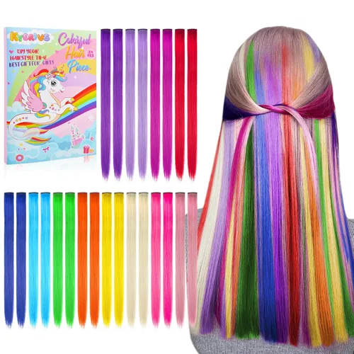 Vista 8 de Kyerivs 48 extensiones de cabello con clip de colores, regalo para niñas, extensiones de cabello arcoíris de 20 pulgadas para niñas, accesorios