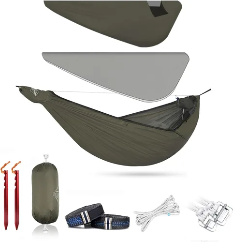 Vista 8 de Onewind Hamaca de Acampar de 11 pies con Mosquitera y Línea de Cresta Ajustable, Hamaca Doble Portátil Ligera con Correas para Árboles y Red