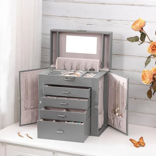 Vista 6 de BEWISHOME Joyero grande de 5 niveles organizador de joyas con espejo de cerradura para mujeres y niñas cajas de joyería para collares anillos aretes