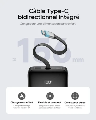 Vista 4 de CUKTECH Banco de energía de 25,000 mAh, cargador portátil máximo de 100 W con cable USB-C integrado, batería externa de carga rápida para MacBook