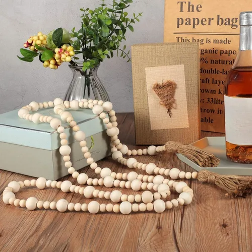 Vista 4 de Jetec - Guirnaldas de cuentas de madera de 7,9 pies con borlas, adornos colgantes navideños de estilo boho, decoración rústica de granja para mesa