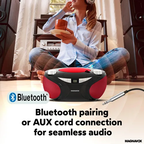 Vista 6 de Magnavox MD6949 Boombox de CD portátil de carga superior con radio estéreo AM/FM y tecnología inalámbrica Bluetooth en negro Compatible