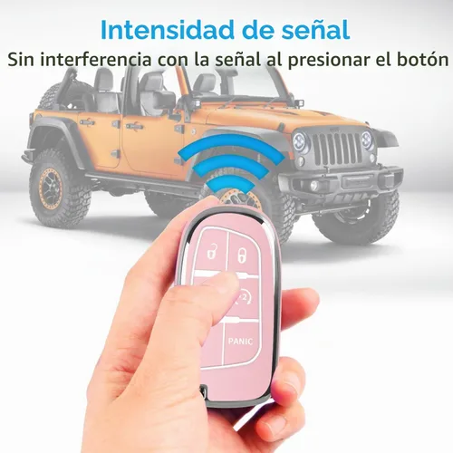 Vista 5 de QBUC Funda para llavero de Jeep con llavero de cuero TPU funda de protección compatible con llave inteligente Grand Cherokee Renegade (rosa)