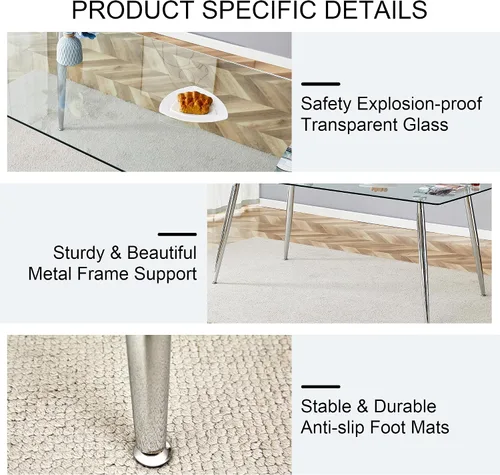 Vista 6 de A 71"x35.4" Heat Resistant Clear Tempered Glass Dining Table with Silver Metal Legs