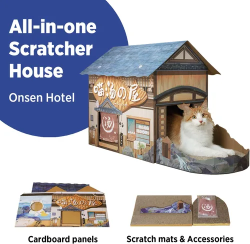 Vista 2 de SMILE PAWS Camas para gatos de interior, casa de cartón para gatos con rascadores, hotel Onsen, muebles grandes y resistentes para gatos, tienda