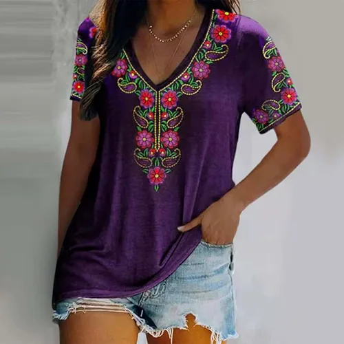 Vista 8 de Camiseta estampada con bordado mexicano para mujer, sexy, cuello en V, estilo casual, holgada, de manga corta