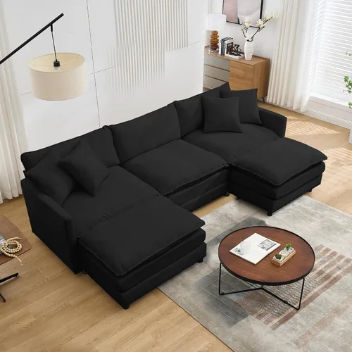 Vista 18 de Sofá modular convertible seccional, sofá de 4 asientos en forma de L con diván reversible, sofá de nube de asiento profundo, sofá cama 3 en 1, tela