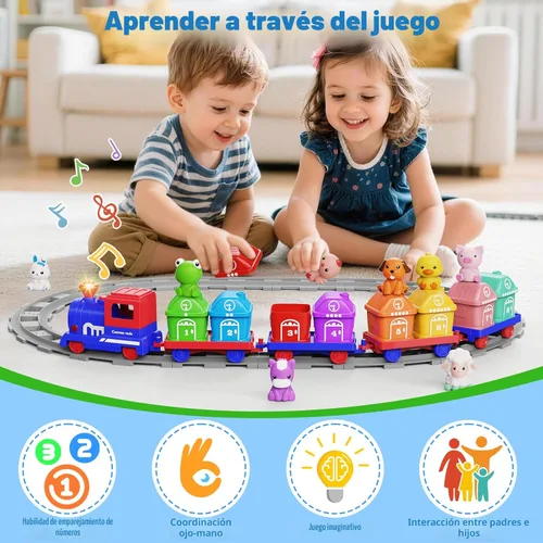 Vista 4 de Juguetes de aprendizaje para niños de 1, 2, 3 años, juego de tren de granja eléctrico para niñas de 2 a 4 años, juguete de tren Montessori