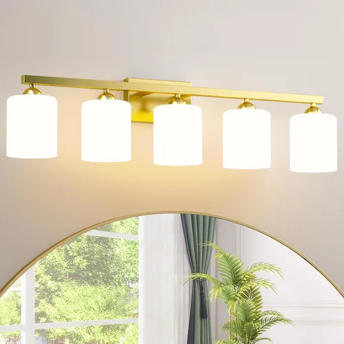 Vista 13 de Quntis Lámparas de baño de níquel cepillado con 5 modos de color, lámpara de tocador de baño moderna regulable de 3 luces sobre espejo, lámpara